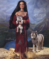 Фарфоровая кукла коллекционная и 2 фигуры волков - Сила духов индианка и волки